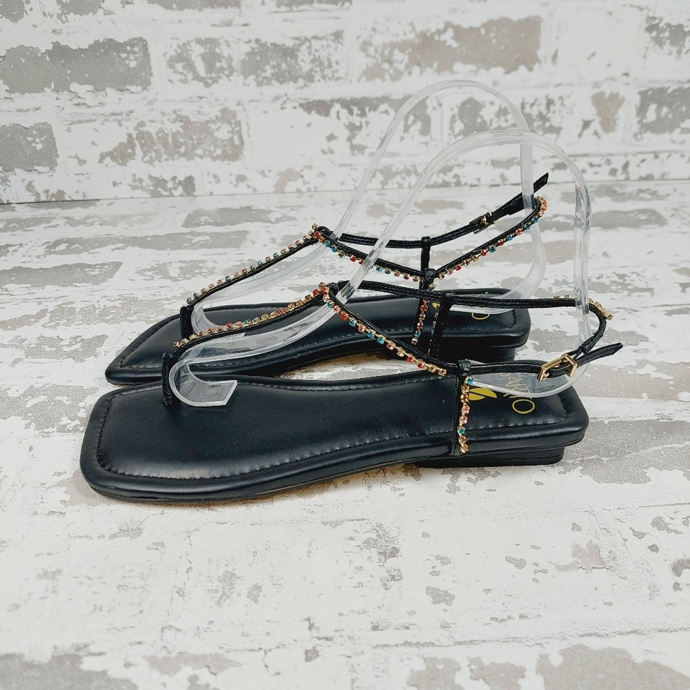 New Franco Sarto Nolita Embellished Black Leather Ankle Strap Sandal C398